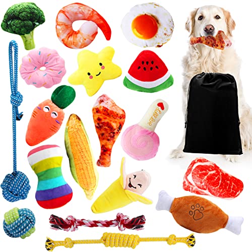 Hicdaw 19Pcs Dog Squeaky Toys Plush Small Dog Toy Set Washable Stuffed Puppy Chew Toys with Dog Toys Pack and Storage Box Puppy Teething Chew Toys for Small Medium Dogs