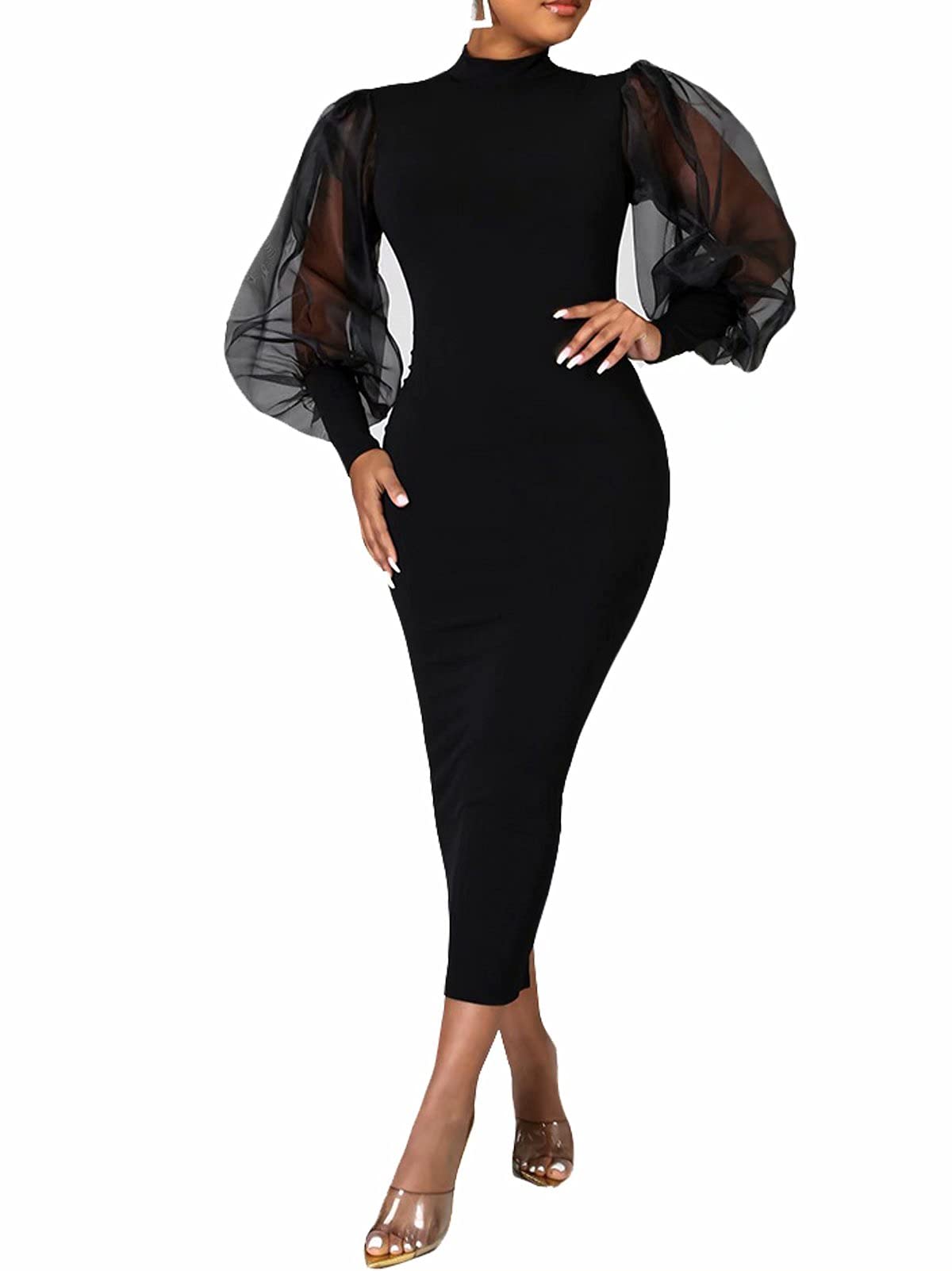 Women's See Through Bodycon Dress Sheer Mesh Long Puff Lantern Sleeve Dress Sexy Club Party Midi Dress Clubwear, Black, L