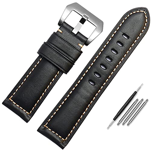 Bracelet de montre en cuir italien 22mm 24mm 26mm noir et argent