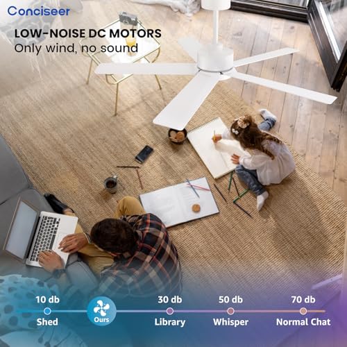 Image of Conciseer Modern Ceiling Fans with Lights,52 Inch Ceiling Fans with Remote for Bedroom Living Room Kitchen, 18W 6CCT Dimmable,5 Blades 6 Speed Reversible Quiet DC Motor White