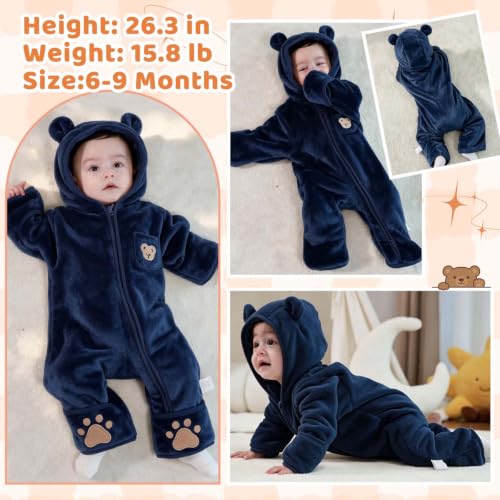 Image of Fairy Baby Newborn Baby Bear Outfit With Fold-Over Mittens Footies Thin Fleece Romper Hooded Jumpsuit Winter Coat Girls Boys