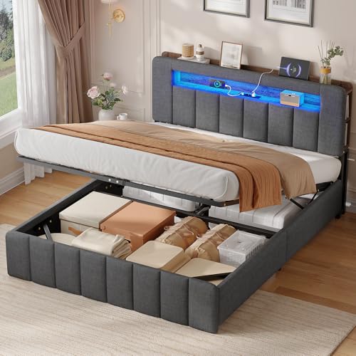 AOGLLATI Polsterbett 140x200 mit Stauraum,Hydraulisches Bett mit LED-Bleuchtung und Ladestation Jugendbett Doppelbett Bettgestell mit Kopfteil aus Samt-Ohne Matratze (Grau Leinen, 140x200cm)