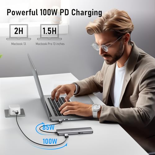 Image of Lemorele USB-C Hub 6-in-1 Dual HDMI Docking Station - Supports Multi-Monitor Display (A+B+C) on Mac OS and Windows, Featuring 4K HDMI Ports, 3 USB 3.0 Ports, and a 100W Charging Port