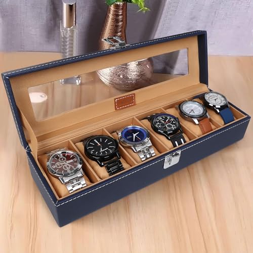 Image of LEDO Watch Box Organizer Case with 6 Slots, Transparent Display, PU Leather Exterior, Blue & Cream Velvet Interior, Metal Clasp Lock, Rectangular Storage Case for Men