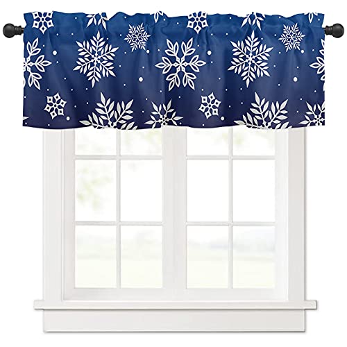 Pinroote Christmas Curtain Valances, Xmas Snowflake Blue Merry Christmas Rod Pocket Valance Tier Curtains Window Treatment Drapes for Kitchen Living Room Bedroom Windows, 54x18 Inch 1 Panel