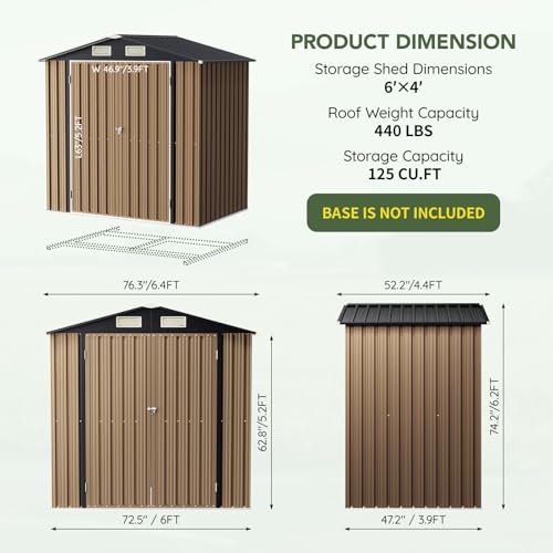 Image of 4x6 FT Outdoor Metal Storage Shed, Double Doors,Tool Shed for Garden, Patio, Backyard Brown