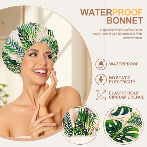 Reusable Shower Caps for Women Waterproof, Large Luxury Washable Elastic Band Bath Hair Bonnet, Double Layer Stylish Shower Hat for Long Hair, Braids, Curly(Plantain Leaf) - Image 5