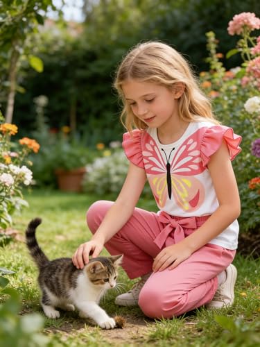 Image of Toddler Kid Girl Clothes Casual Ruffle Sleeve Floral Printed Top Solid Pants with Belt 3PC Outfit Set