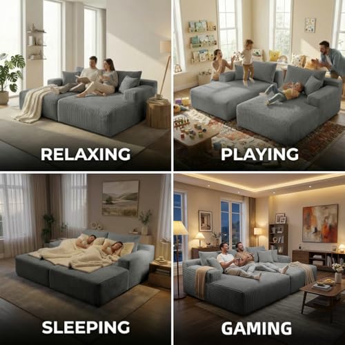 Image of SYTOPIA Loveseat Chaise Lounge with Armrests, Oversized Sofa Bed with 4 Pillows, Cozy Boneless Sleeper, Modular Sectional Couch for Living Room Bedroom, Floor Chair Furniture sala Corduroy, Urban Grey