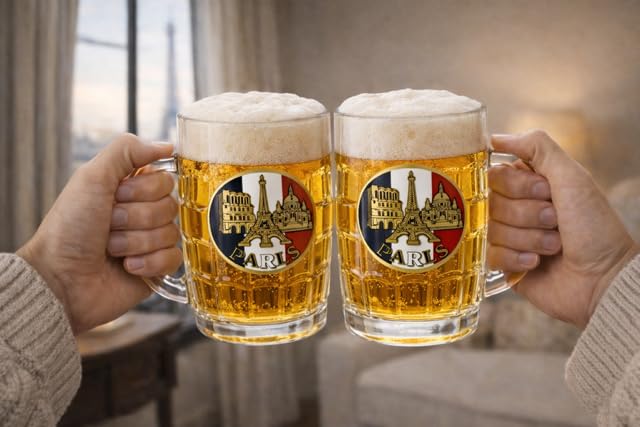 Générique Lot de 2 Mugs à Bière Paris 280 ml en Verre – Chopes à Bière Épaisses avec Anse – Style Brasserie – Coffret Cadeau Prêt à Offrir – Paris Beer Mug Gift Set (2x 280 ml)