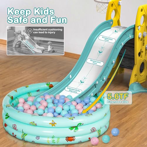 Hapsor Toddler Slide and Swing Set, 4 in 1 Kids Slide with Ball Pit, Basketball Hoop, Height Adjustable Swing, Versatile Fun Outdoor Indoor Playground for Toddlers Playset 1-3
