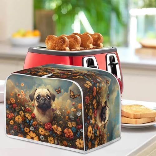 Image of Talayituse Pug Dog Butterfly Rose Print Toaster Cover 4 Slice Wide Slot, Lightweight Bread Maker Cover Dust Protection Washable Appliance Bag, M