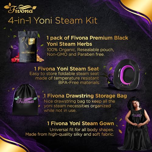 Image of FIVONA 4 in 1 Yoni Steam Kit Black - Foldable Over The Toilet Steamer Seat with Herbal Blend, Storage Bag and Steam Gown - Effective Detox pH Balance Cleansing and Relaxation