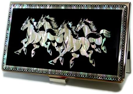 Antique Alive Year of The Horse Zodiac 2026 Business Card Case, Mother of Pearl Design, Chinese Lunar New Year Good Fortune Gift, RFID Blocking Credit Card Holder