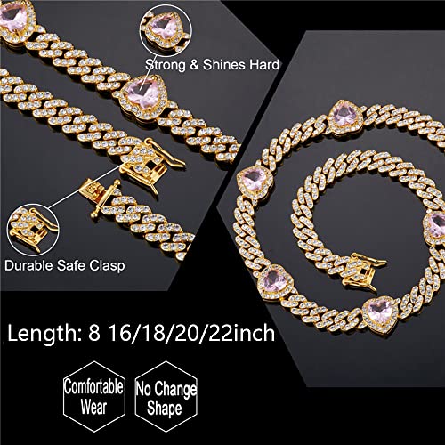 Apzzic 9Mm Miami Prong Cuban Link Chain Iced Out Paved Heart Shape Rhinestones Cz Bling Rapper Bracelet For Women Old 7Inch Pink #TOP3