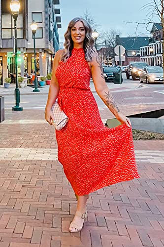 Image of PRETTYGARDEN Women's Halter Neck Floral Long Maxi Dress Casual Sleeveless Backless Dresses Loose Ruffle Sundress with Belt