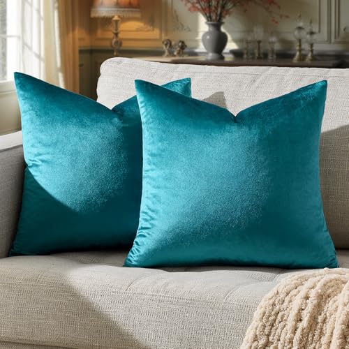GIGIZAZA Decorative Couch Throw Pillow Covers,Set of 2 Teal Peacock Green Square Pillow...