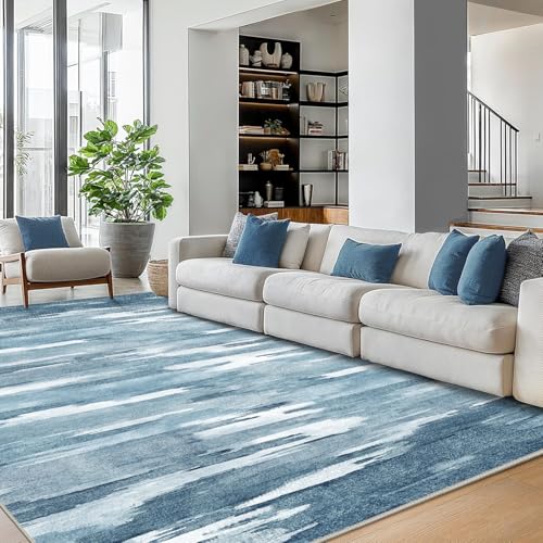 Area Rugs 8x10 Machine Washable Rug for Bedroom Living Room Dining Room, Large Modern Abstract Soft Rugs, Indoor Low Pile Carpet with Non Slip Rubber Backing, Glacial Blue