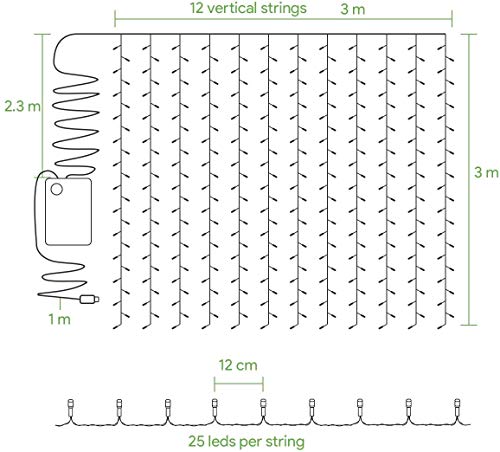 LE Lichtgordijn, 3 x 3 m, USB-lichtsnoer, gordijn met 300 leds, warmwit, 8 modi, dimbaar koperdraad, lichtketting met batterij voor buiten, binnen, decoratie voor slaapkamer, feestdecoratie, Kerstmis, bruiloft - Image 6