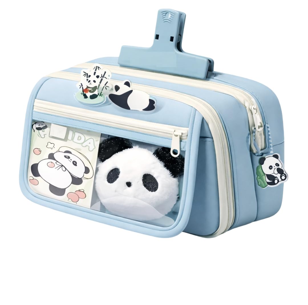 Panda Pencil Case,Cute Design Large Capacity with Transparent Window, Includes Panda Doll and Stickers (Sky Blue)-image-37