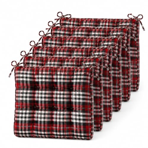 Image of VAS COLLECTIONS Pack of 6 Chair Pad Cushions with Tie Straps, Tufted Seat Cushions for Dining, Office & Wooden Chairs, Soft Comfortable Chair Pads with Durable Stitching, 16 x 16 Inches - Crimson Red