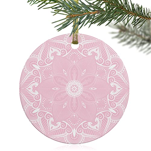 Decorative Hanging Ornaments, Geometric Pattern Pink Mandala Flower Pattern Round Ceramic Ornament Hanging Sign With Ribbon,For Home Decor, 1 Pcs, 3" #TOP16