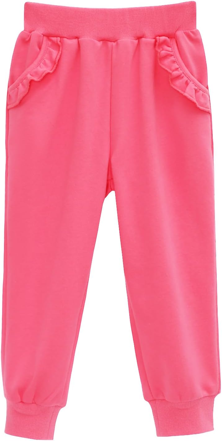HILEELANG Toddler Girls' Jogger Pants 3-Pack Pull on Cotton French Terry Solid Ruffle Pocket SweatPants12M-7Y