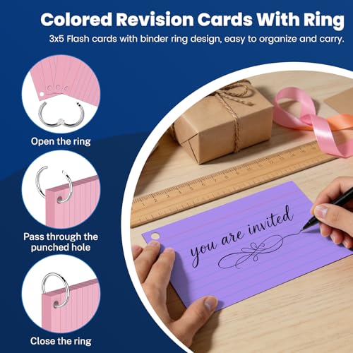 Flash Cards 3x5 Flashcards, 300 PCS Index Cards 3x5 Cue Cards, Colored Lined Paper Cards Revision Flash with 6 Metal Binder Ring, Record Recipe Study Flash Cards for Taking Notes,  image 8