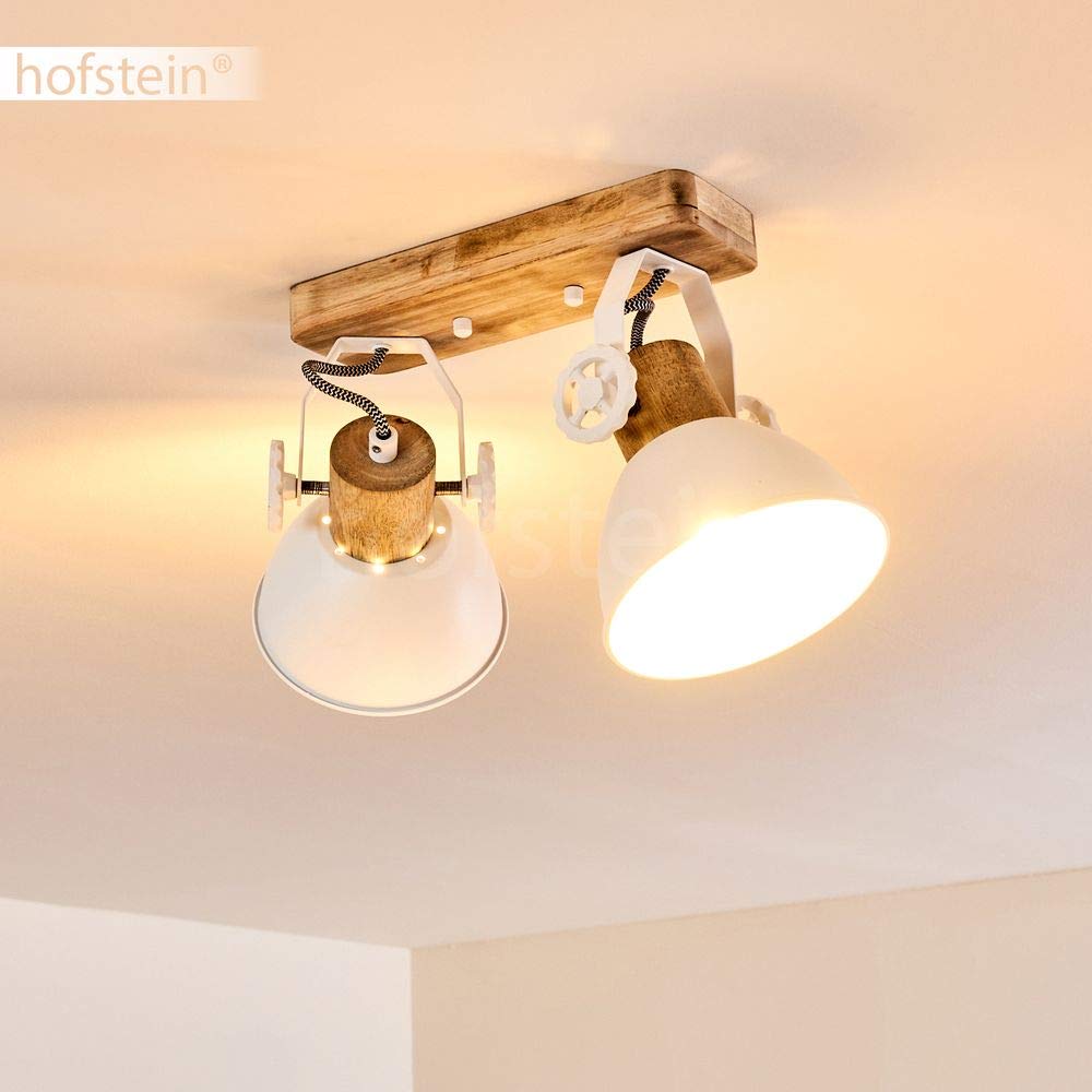 Plafoniera Orny, 2 luci, con faretti orientabili, plafoniera in metallo/legno in bianco/marrone, 2 x attacco E27, faretto dal design retro/vintage,senza lampadina/e