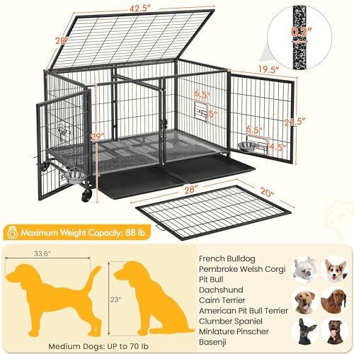 Image of Yaheetech 42.5 Inch Stackable Dog Crate with Divider for Small Medium Dogs | Heavy Duty Rolling Dog Cage with Open Top, 2 Removable Trays, Lockable Wheels, Flexible Layout For Multi-Pet Use