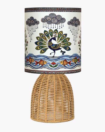 Image of Homesake Handwoven Rattan Table Lamp with Madhubani Art Printed Fabric Shade, Decorative Raffia Oval Bedside Lamp, Boho Cane Table Lamp with E27 Holder, Living Room & Bedroom Home Decor