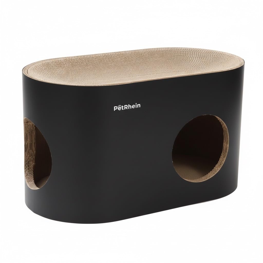 PetRhein Kratzbrett für Katzen aus Kratzpappe,3-in-1 großes Katzenhöhle mit Kratzmatte & Katzenbett – 64 x 35 x 36 cm– Stabiles Kratzpappe, Minimalistisches Kratzmöbel für Katzen(Schwarz)