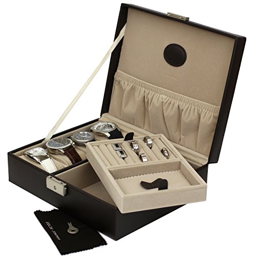 Tech Swiss Valet for Watches Jewelry Cuff links Leather Compact (Brown/Tray)