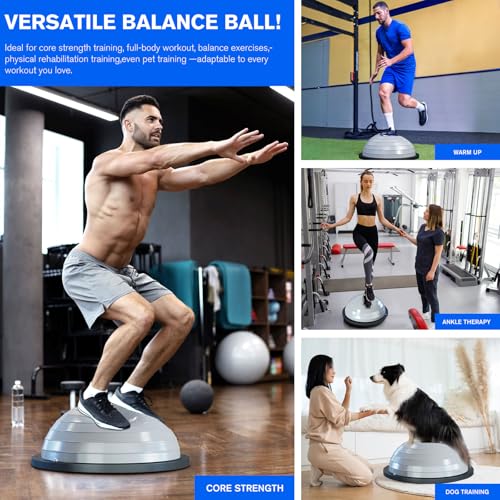 Image of Half Balance Ball Trainer - 23 Inch Half Exercise Ball for Workout, Physical Therapy, Yoga, Home Gym, Core Strength, Stability, Fitness, Balance Training Equipment with Resistance Bands, Foot Pump