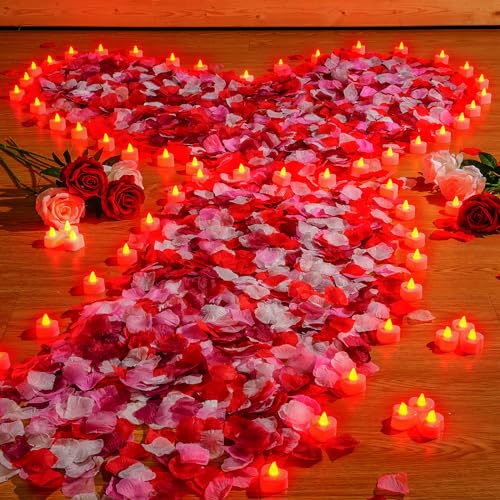 Image of Coume 6000 Pieces Artificial Rose Petal 72 Pieces LED Tealights Candle, Romantic Decorations Special Night Rose Petal Heart Candle for Valentines Wedding Anniversary Proposal Decor(Cute Red Light)