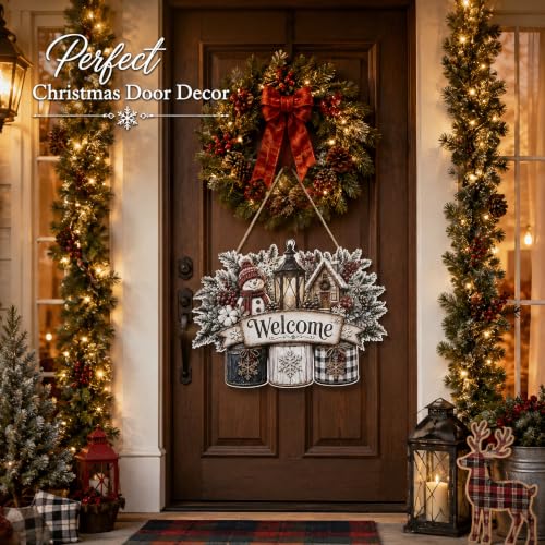 Image of Christmas Decorations - Winter Snowman Welcome Wooden Sign for Front Door