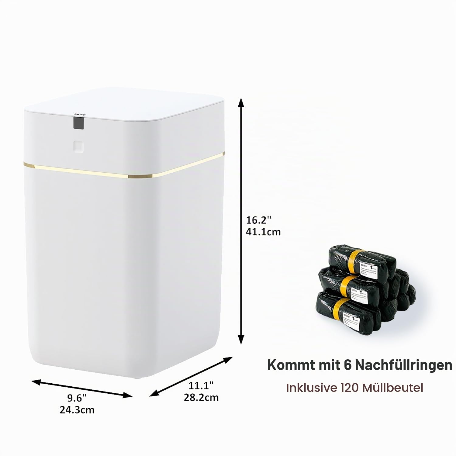 Airdeer Grehge Tomaten-Mülleimer, selbstdichtend und selbstwechselnd, intelligenter Mülleimer, Bewegungssensor, berührungsloser Mülleimer mit Deckel, für Küche, Bad, Büro, 6 Nachfüllbeutelringe