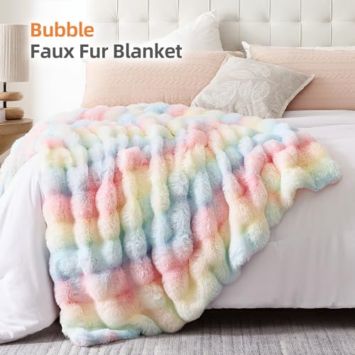 Smoofy Faux Fur Throw Blanket for Couch Rabbit Fleece - Rainbow Fluffy Blanket for Sofa Bedroom Living Room, Cozy Soft Plush Luxury Thick Winter Fuzzy Comfy Bubble Blanket - 50" x 60"
