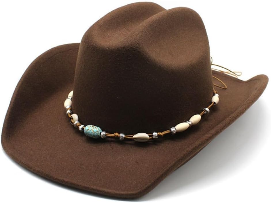 Classic Western Wool Cowboy Hat, Beaded Turquoise Band, Wide Brim, Ivory