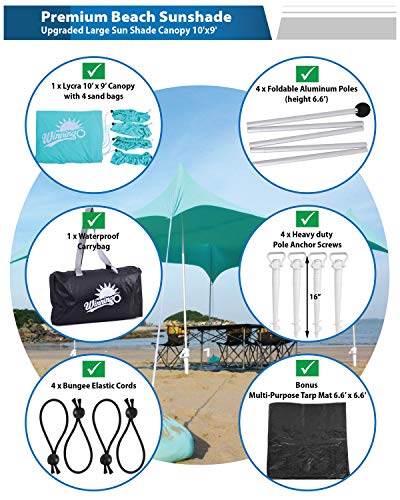 WINNINGO Premium Beach Sunshade, Large Sun Shade Canopy 10\' x 9\', Beach Tent with 4 Aluminum Poles, 4 Pole Anchors, Waterproof Carry Bag & Bonus Tarp Mat, UPF50 UV Protection (Turquoise) - Thumbnail 5