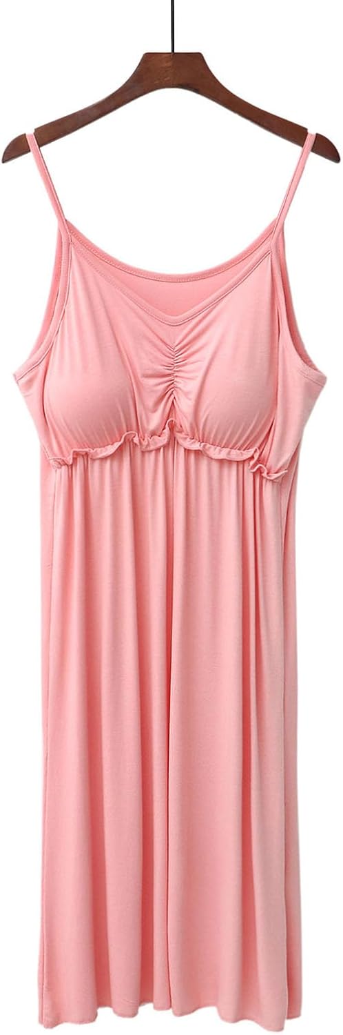 Women's Sleeveless Long Nightgown Modal Full Slip Nightdress with Built in Bra Soft Sleepdress V Neck Nightshirt
