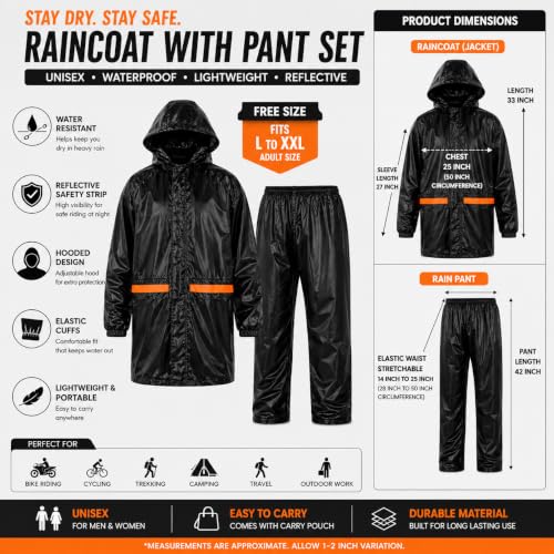 Image of Unisex Raincoat with Pant Set Waterproof for Men & Women, Hooded Rain Suit with Reflective Strip, Rain Jacket for Bike Riding, Travel & Outdoor Use, Black, Free Size (Fits L to XXL)
