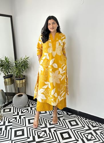 Image of LookMark Women's Floral Printed Cotton Blend 3 /4th Sleeve Knee Length V-Neck Kurta and Palazzo Set for Women
