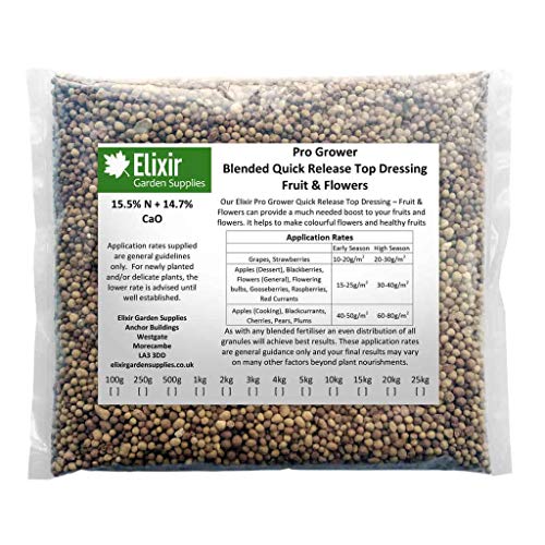 Elixir Gardens | Fruit & Flower Fertiliser | Calcium + Nitrate | Blended Top Dressing & Quick Release | 250g-25kg Available in Bag or Tub | Treats up to 100sqm | 1kg Bag