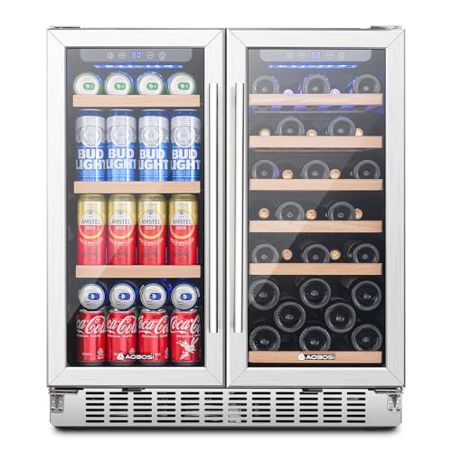 AAOBOSI 30 Inch Dual Zone Wine and Beverage Cooler,31 Bottles & 120 Cans Wine Fridge,Built-in and Freestanding,Removable Fashion Wooden Frame,Intelligent Digital Temperatrue Control,Low Noise