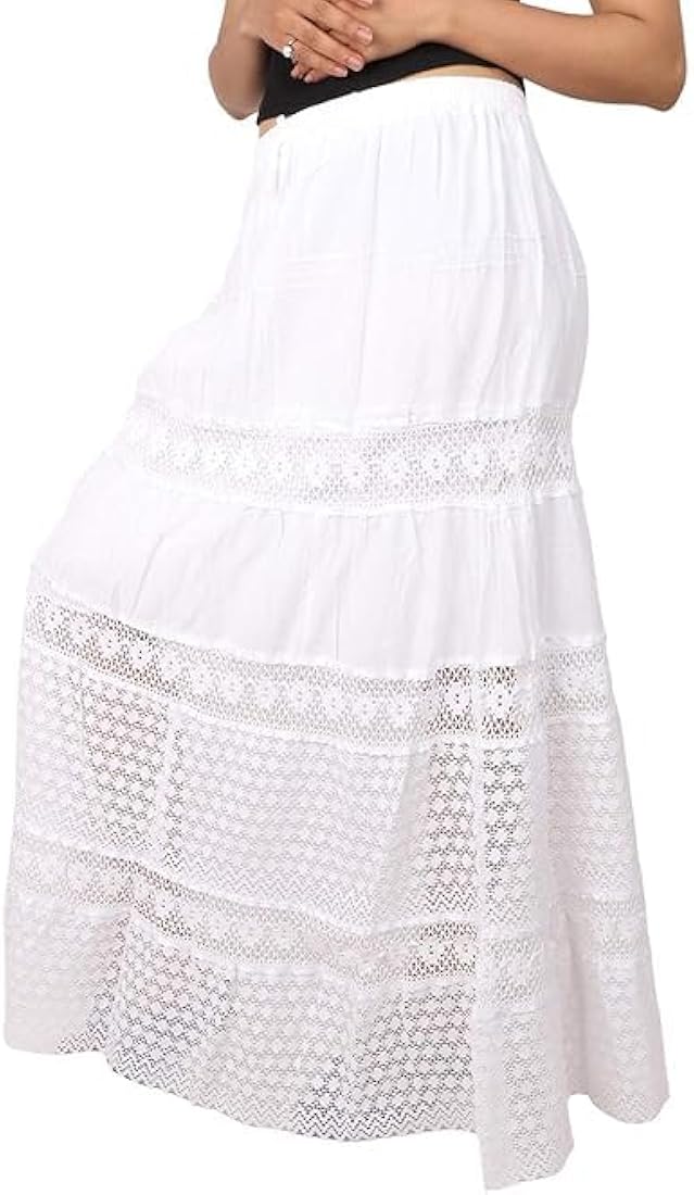Buy Cigain White chikankaari Embroidary Cotton Long Skirt for