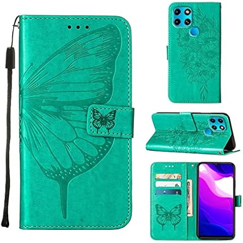 XFDSFDL® Protective Cover for Infinix Smart 6 (6.6 Inch) PU Leather Flip Case Soar Butterfly Pattern with Built Stand Magnetic Closure Wallet Phone Shell Holster, Green Cover