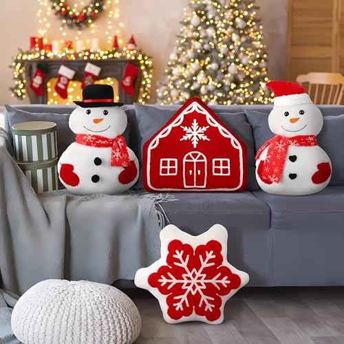 Image of HunnmingRe 4 Pcs Christmas Throw Pillows Fall Football Plush Pillows Winter Holiday Cushion Soft Decorative Cushions for Couch Bedroom Living Room Thanksgiving Xmas Decor(White,Snowman)