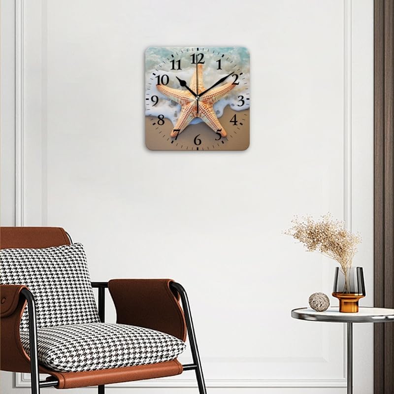Quartz Wall Clocks Non-Ticking Silent Battery Operated Modern Wall Clocks Decorative for Home,Bedroom-Starfish On The Beach with Waves (16inch)