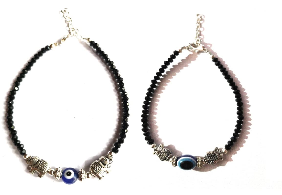 Jyokrish Combo Metal Silver Elephant & Owl Blue Evil eye Glossy Black beads Chain Anklet |For Women |Girls |Nazariya | Pack of 2 |Payal lucky protection (B0B69DCHCL) Amazon Price History, Amazon Price Tracker
